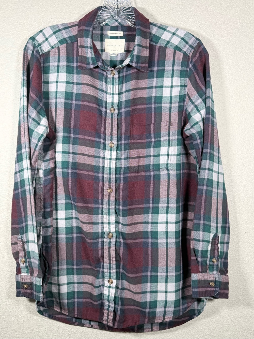 American Eagle Outfitters Burgundy, Green & White Plaid Button-Down Shirt